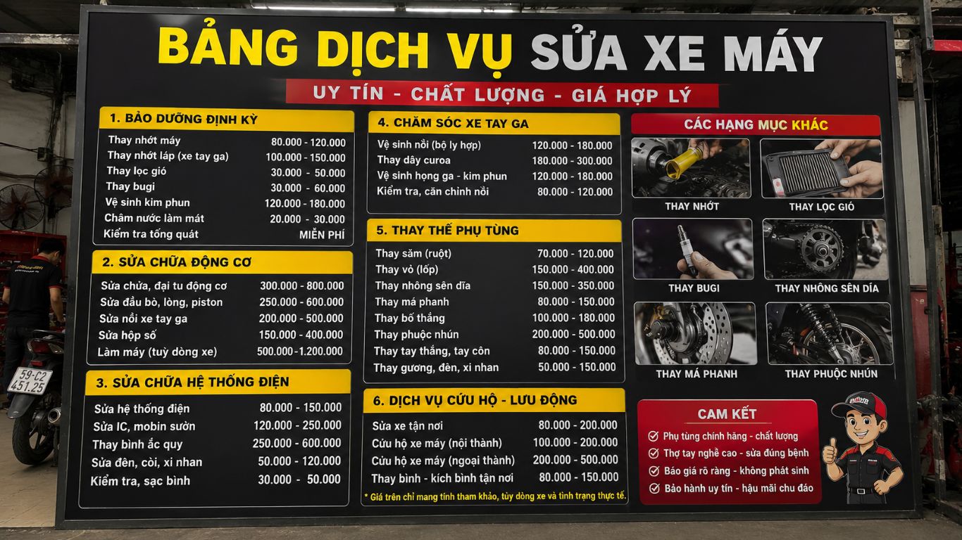 bảng dịch vụ sửa xe máy 