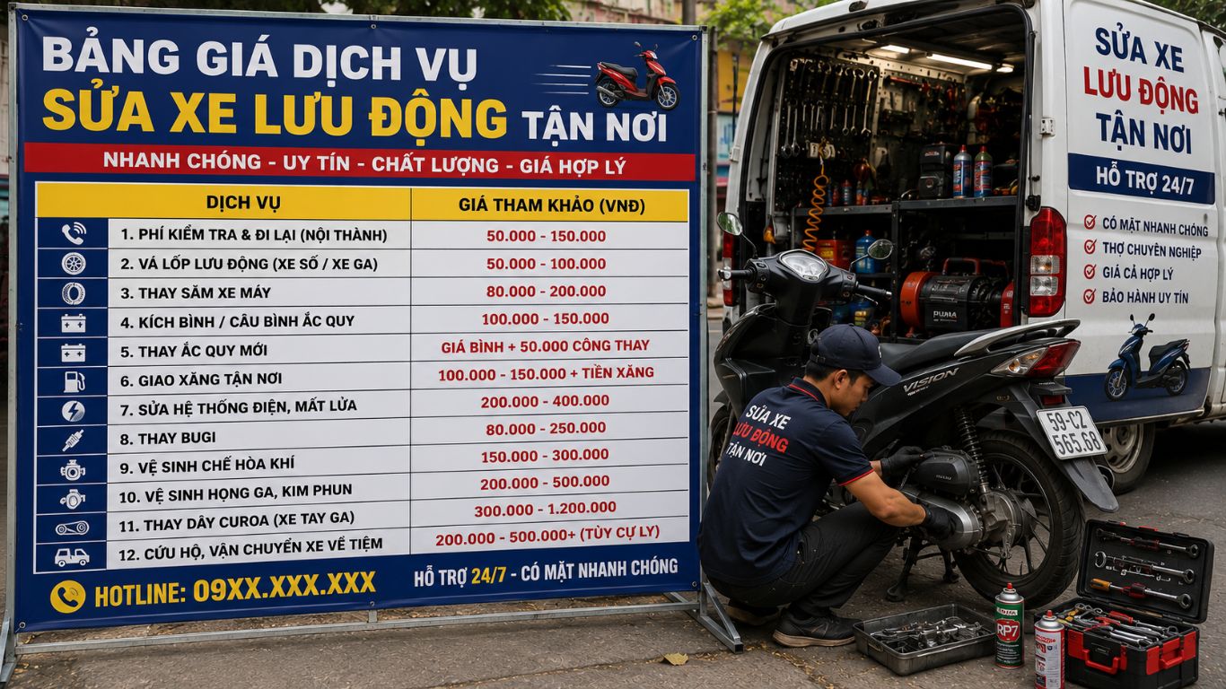 bảng giá dịch vụ sửa xe lưu động 