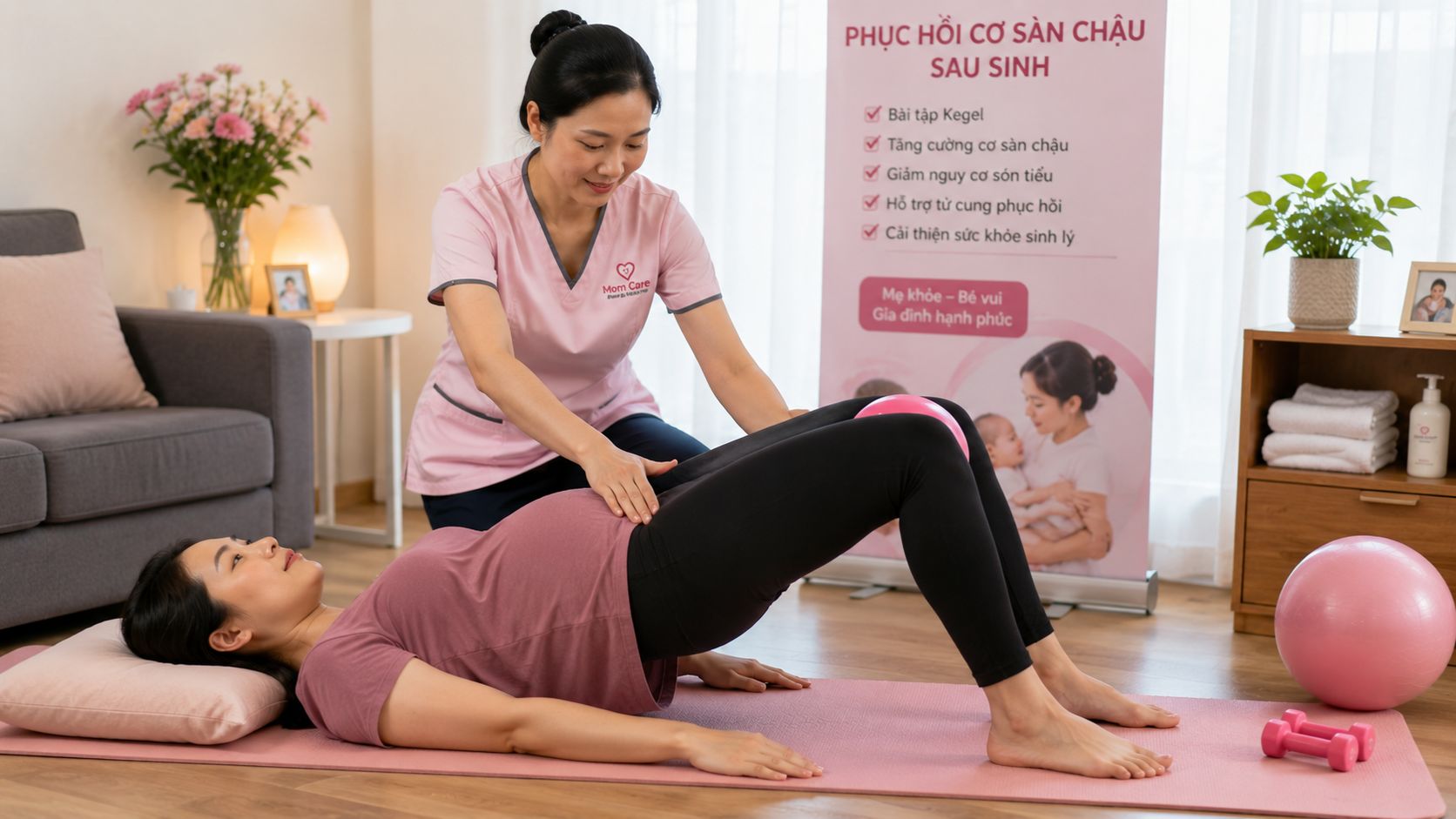 giúp mẹ phục hồi cơ sàn chậu sau sinh tại nhà